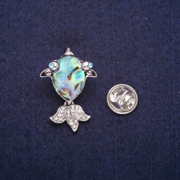 بروش السمكة مع كابوشون هاليوتيس وأحجار راينستون، معدن فضي 19x28mm